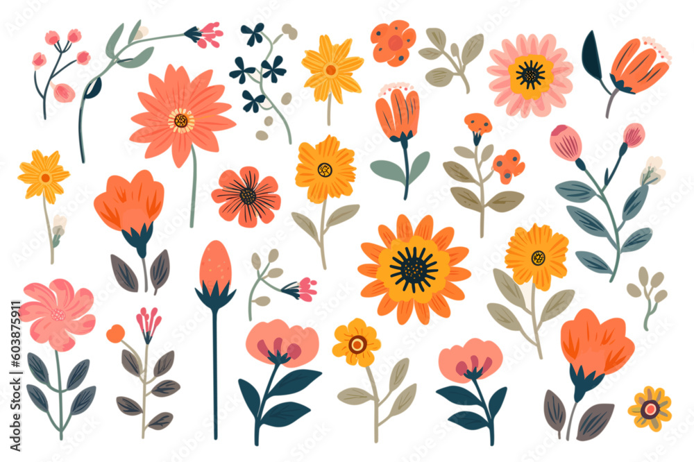 Beautiful Pink and Orange Flowers Vector Set in Minimalist Style with