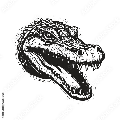 crocodile, vintage logo line art concept black and white color, hand drawn illustration © Artcuboy
