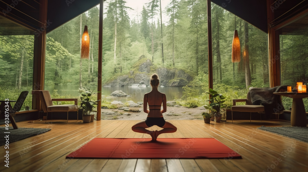 Mind, Body, and Nature, Yoga with Forest View in a Modern Studio for Ultimate Wellness, Generative AI Mind, Body, and Nature, Yoga with Forest View in a Modern Studio for Ultimate Wellness, Generative AI