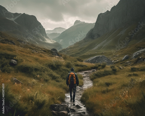 A hiker walking on a track into the beautiful wilderness surrounded by mountains