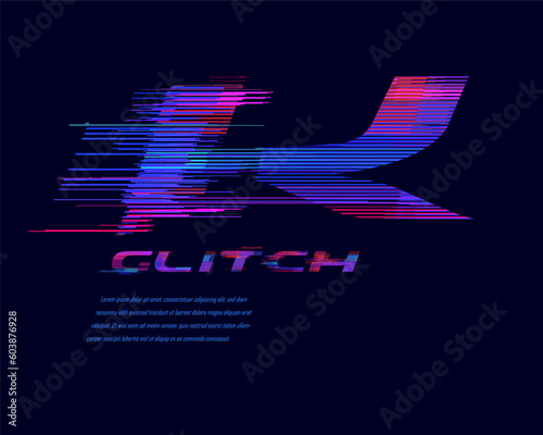 Cyberpunk futuristic Glitch Designer font set with neon screen digital effect in the font - K