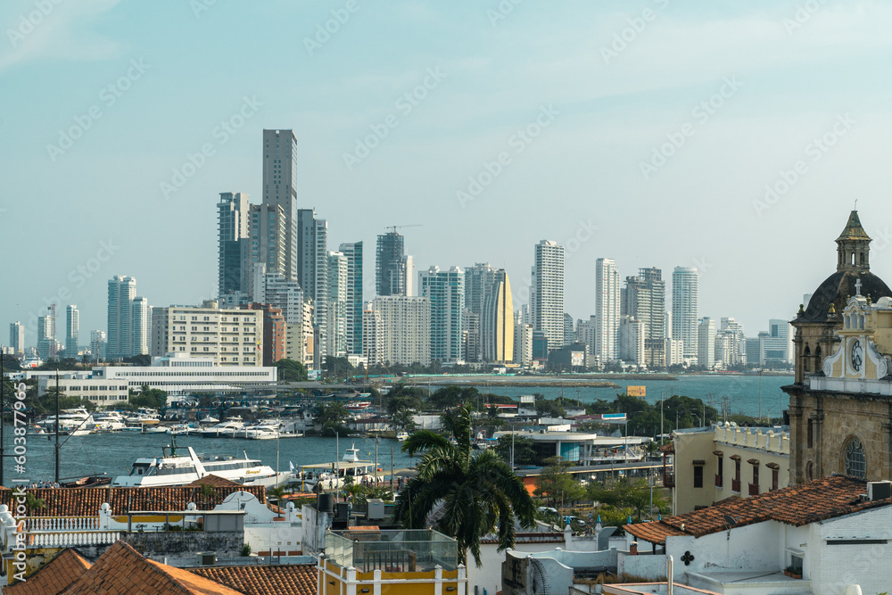 Cartagena, Bolivar, Colombia. March 3, 2023: Panoramic landscape of Bocagrande with the sea.