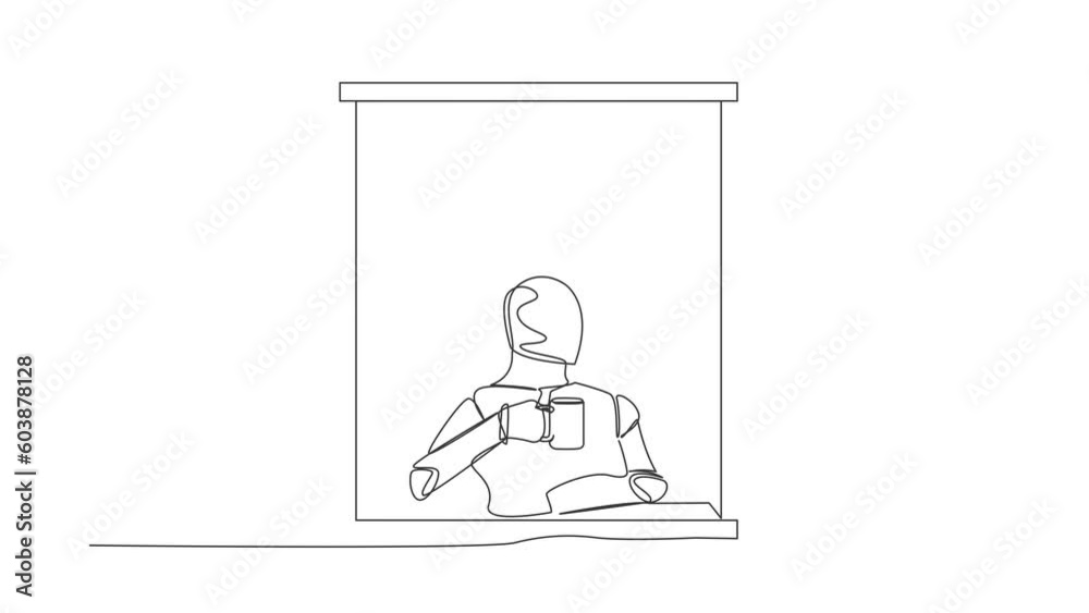 Animated self drawing of continuous line draw robot enjoy hot coffee in window house, holding mug, looking through window. Future technology. Artificial intelligence. Full length one line animation Animated self drawing of continuous line draw robot enjoy hot coffee in window house, holding mug, looking through window. Future technology. Artificial intelligence. Full length one line animation