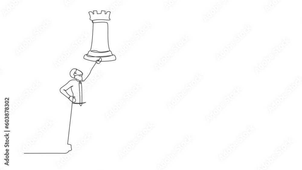 Animated self drawing of continuous line draw of businessman holding rook chess piece. Concept of tactical advantage, successful entrepreneurship tactics or strategy. Full length single line animation Animated self drawing of continuous line draw of businessman holding rook chess piece. Concept of tactical advantage, successful entrepreneurship tactics or strategy. Full length single line animation