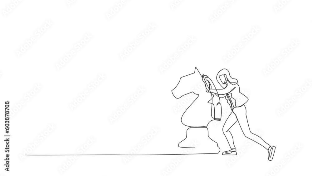 Self drawing animation of single line draw businesswoman push huge horse chess piece to beat king. Strategic thinking and smart move in business play game. Continuous line draw. Full length animated Self drawing animation of single line draw businesswoman push huge horse chess piece to beat king. Strategic thinking and smart move in business play game. Continuous line draw. Full length animated