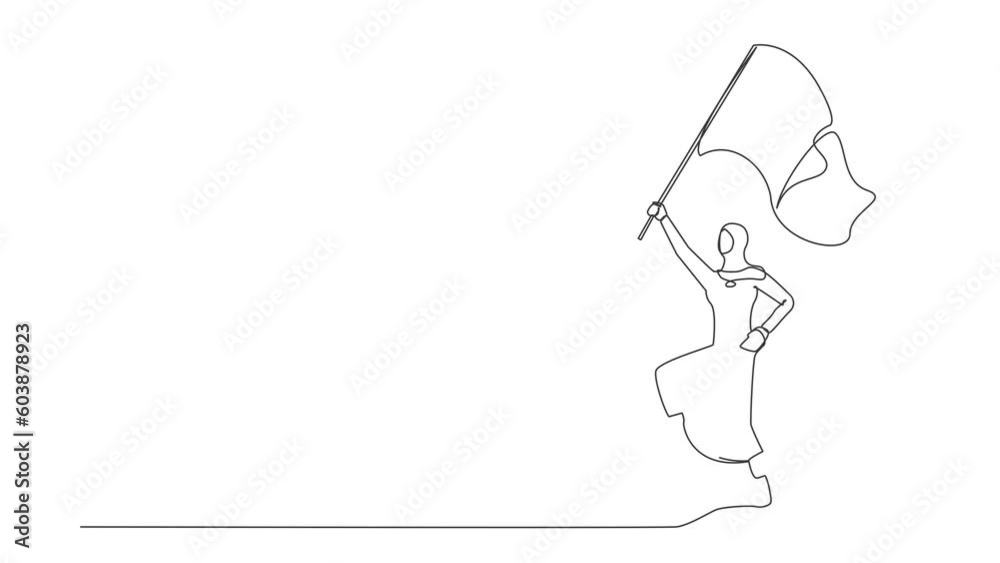Animated self drawing of continuous one line draw Arabian businesswoman waving flag overcoming other corporation piece. Defeat competitor in business as winning game. Full length single line animation