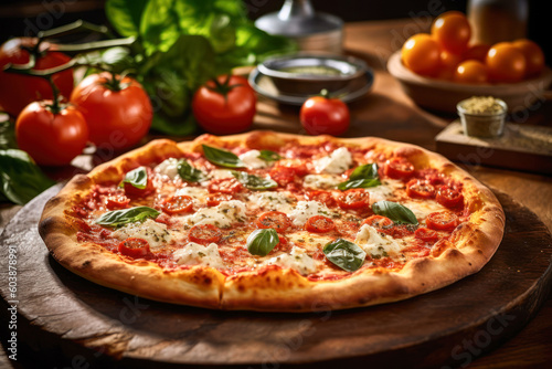 A fresh stone oven pizza on a wooden board surrounded by ingredients such as tomatoes and spices. A mozzarella pizza with basil.