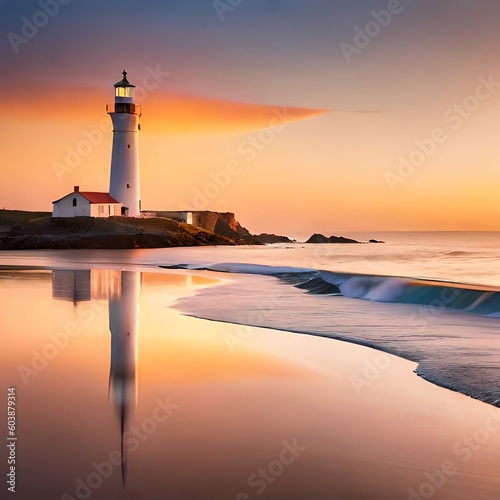 A lighthouse at sunset created by generative AI.