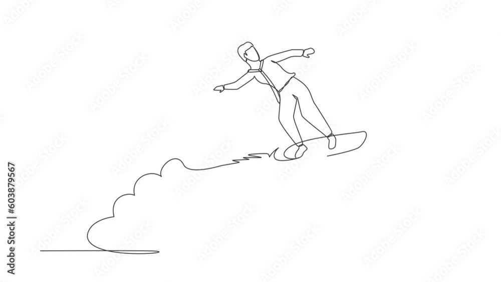 Self drawing animation of single one line draw businessman riding surfing board rocket flying in sky. Successful trader on peak of profitability. Success. Continuous line draw. Full length animated