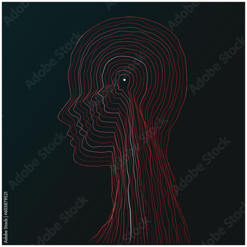 human brain icon in line style,  hand drawn vector art, black gradient background, human head, mystery mental health