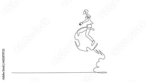 Animated self drawing of continuous line draw businesswoman riding sphere globe rocket flying in sky. Globalization, global business, world economics or opportunity. Full length one line animation photo