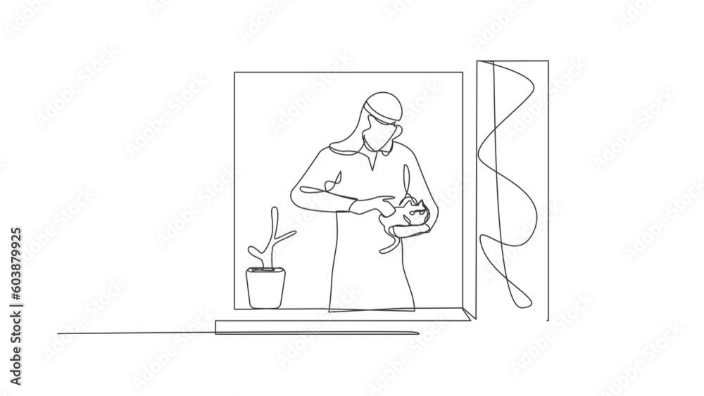 Animated self drawing of continuous one line draw Arab man with plant holding cat looking through window. Stay home during pandemic. Coronavirus isolation warning. Full length single line animation Animated self drawing of continuous one line draw Arab man with plant holding cat looking through window. Stay home during pandemic. Coronavirus isolation warning. Full length single line animation