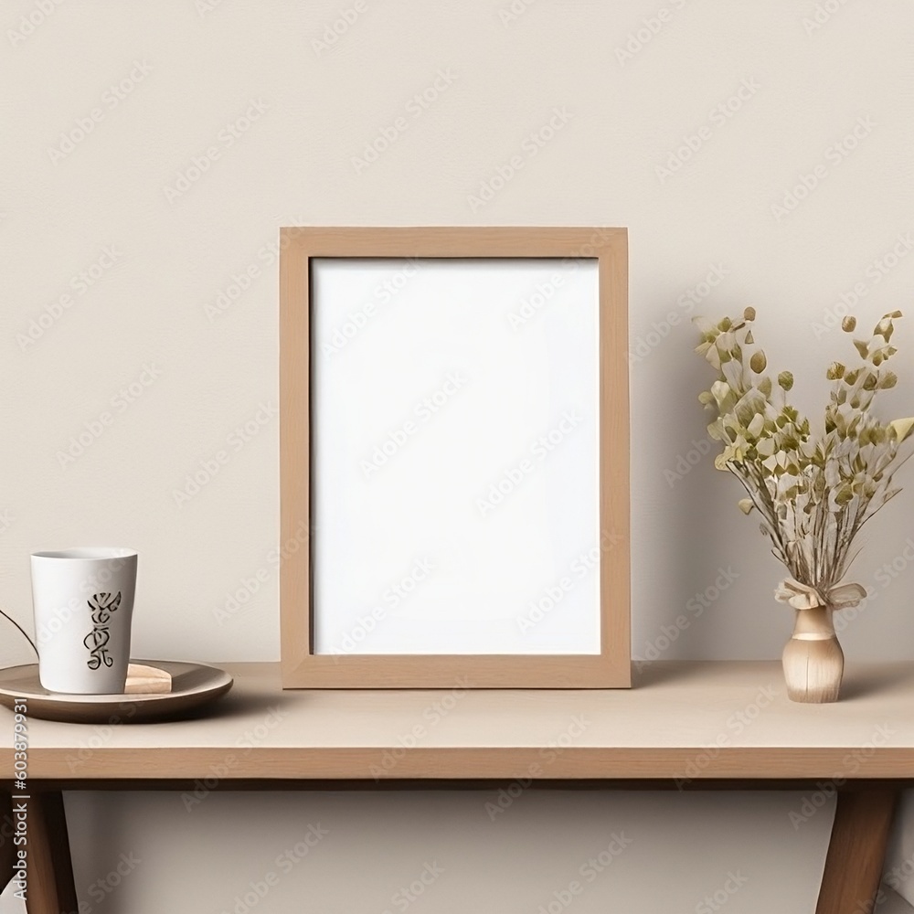 A Photo frame facing the camera ,front view , with a tea up and plate on the left and a flower pot on the right upon a wooden table. Generative AI A Photo frame facing the camera ,front view , with a tea up and plate on the left and a flower pot on the right upon a wooden table. Generative AI