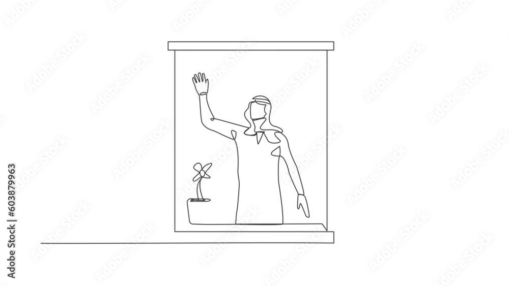 Self drawing animation of single line draw Arab male waving at window as look like to invite people to come in. Man looking out from apartment from windowsill. Continuous line. Full length animated Self drawing animation of single line draw Arab male waving at window as look like to invite people to come in. Man looking out from apartment from windowsill. Continuous line. Full length animated
