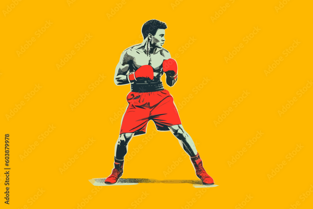 Doodle inspired Boxer fighter at boxing match, cartoon sticker, sketch, vector, Illustration - obrazy, fototapety, plakaty 