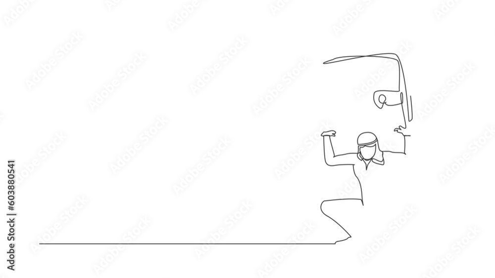 Animated self drawing of continuous line draw Arabian businessman carrying wallet on back. Stressed worker feeling bankrupt, no money. Financial crisis due to pandemic. Full length one line animation Animated self drawing of continuous line draw Arabian businessman carrying wallet on back. Stressed worker feeling bankrupt, no money. Financial crisis due to pandemic. Full length one line animation