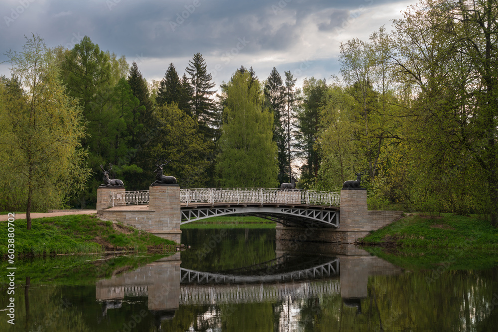 Obraz premium View of the Oleniy (Deer) Bridge in the Pavlovsk Palace and Park complex on a spring day, Pavlovsk, Saint Petersburg, Russia