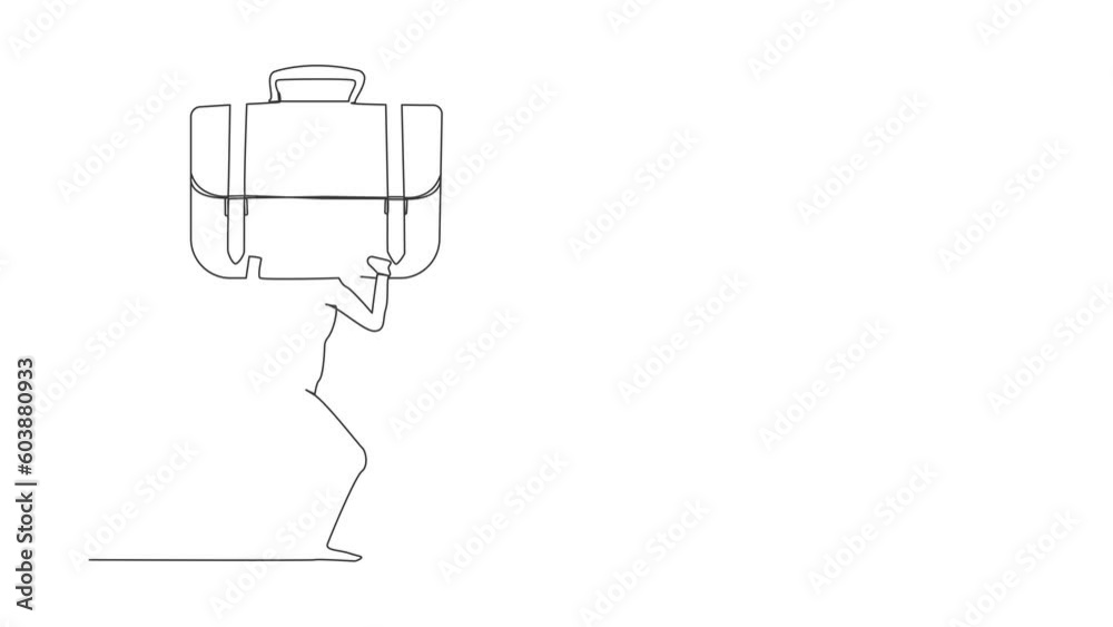 Self drawing animation of single line draw businessman carrying heavy briefcase on back. Difficulty business task. Pressure workload. Anxiety and overload worker. Continuous line. Full length animated Self drawing animation of single line draw businessman carrying heavy briefcase on back. Difficulty business task. Pressure workload. Anxiety and overload worker. Continuous line. Full length animated