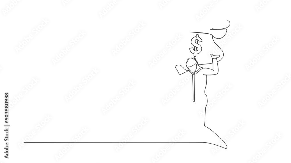 Self drawing animation of single line draw businessman carrying heavy money bag on back. Stressed worker difficult to making money. Financial crisis in pandemic. Continuous line. Full length animated