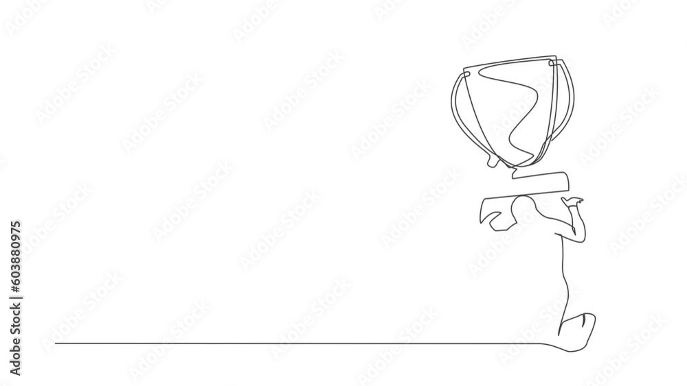 Animated self drawing of continuous line draw exhausted businessman carrying trophy on his back. Entrepreneur failed to win competition or business goals achievement. Full length single line animation