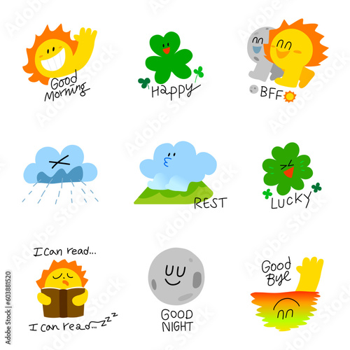 A collection of stickers of natural characters with cute emotional expressions
