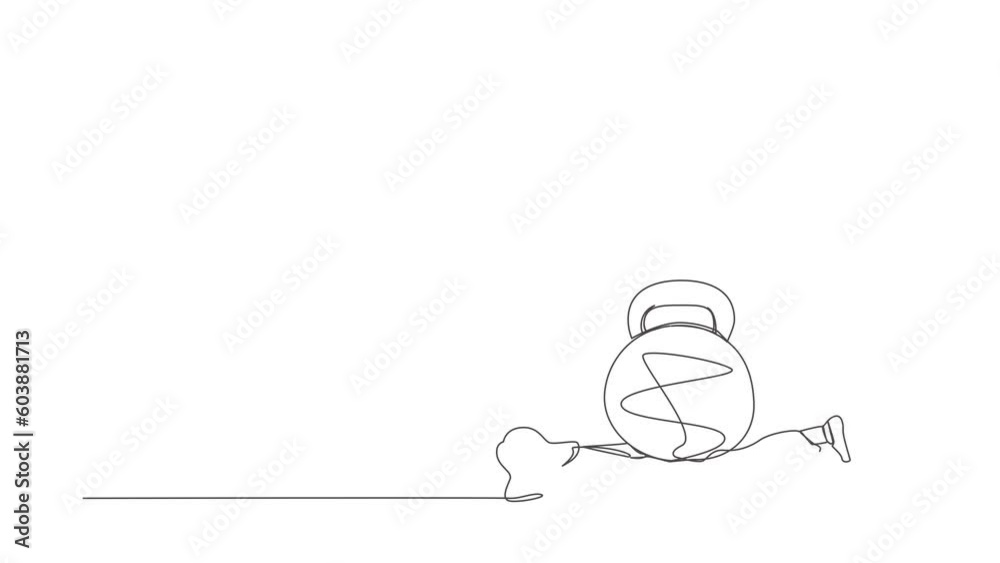 Animated self drawing of continuous one line draw businesswoman under heavy kettlebell burden. Tension, heaviness in business life. Overwork, stress, time management. Full length single line animation Animated self drawing of continuous one line draw businesswoman under heavy kettlebell burden. Tension, heaviness in business life. Overwork, stress, time management. Full length single line animation