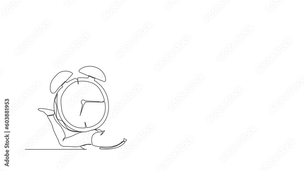 Animated self drawing of continuous line draw businessman under heavy alarm clock burden. Pressure to complete work deadlines. Stressed worker because lot of work. Full length single line animation