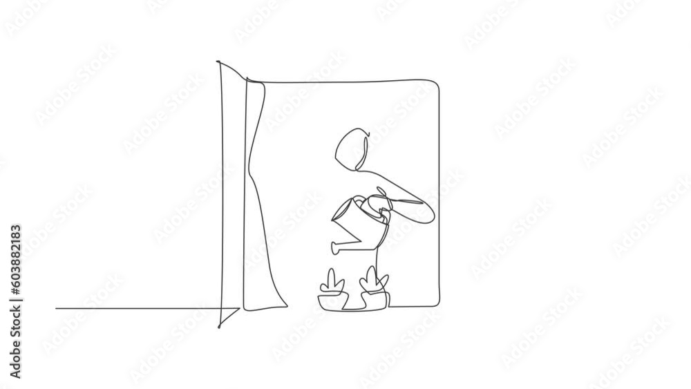 Self drawing animation of single line draw Arab woman watering flowers on balcony. Lady doing gardening favorite hobby. Home garden, house plants growing. Continuous line draw. Full length animated Self drawing animation of single line draw Arab woman watering flowers on balcony. Lady doing gardening favorite hobby. Home garden, house plants growing. Continuous line draw. Full length animated