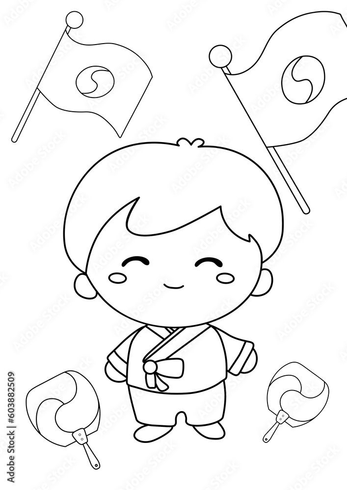 Fototapeta premium Korea Traditional Culture Couple Family Building Hanok Hanbok Coloring Pages A4 for Kids and Adult