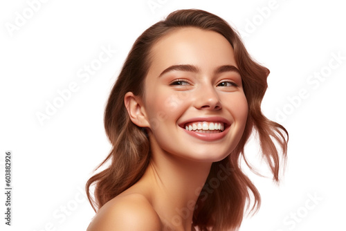 Beautiful smiling woman young model with natural makeup clean face beige warm background, isolated, png, Generative AI
