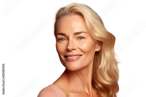 Fotografia Beautiful smiling woman aged 50 model with natural makeup clean face beige warm