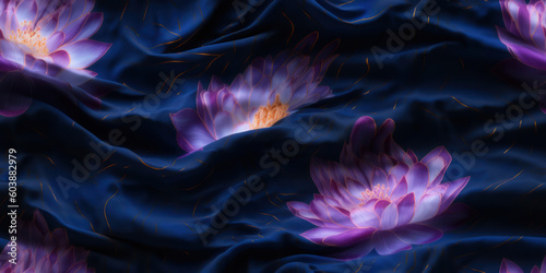 Seamless pattern texture of dark blue velvet fabric with lilac lotuses. AI Generation 