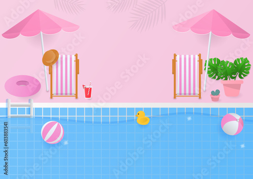 Summer background with pink beach chair and swimming pool