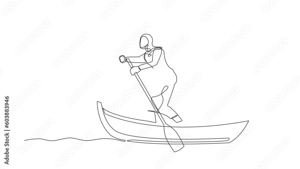 Animated self drawing of continuous line draw Arab businesswoman standing in boat sailing with laptop. Happy worker as a freelancer or creative manager. Remote work. Full length single line animation Animated self drawing of continuous line draw Arab businesswoman standing in boat sailing with laptop. Happy worker as a freelancer or creative manager. Remote work. Full length single line animation