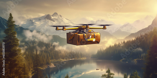Outdoor adventure essentials: Surrounded by nature beauty, a drone delivers camping gear and hiking equipment, ensuring outdoor enthusiasts have all they need for their next adventure. Generative AI.