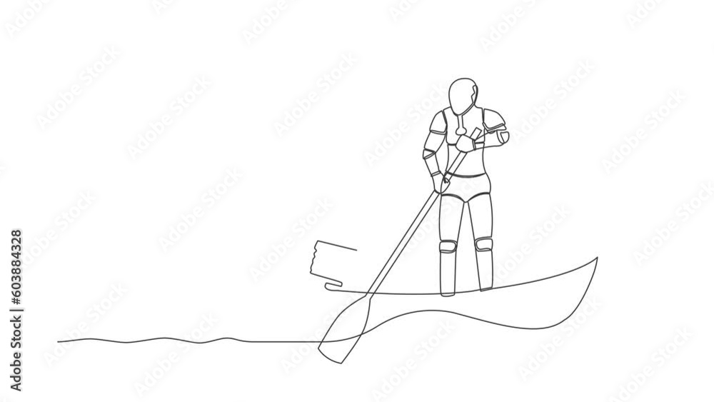 Animated self drawing of continuous line draw robot sailing away on boat with light bulb. Vision and innovation in tech company. Humanoid robot cybernetic organism. Full length single line animation Animated self drawing of continuous line draw robot sailing away on boat with light bulb. Vision and innovation in tech company. Humanoid robot cybernetic organism. Full length single line animation