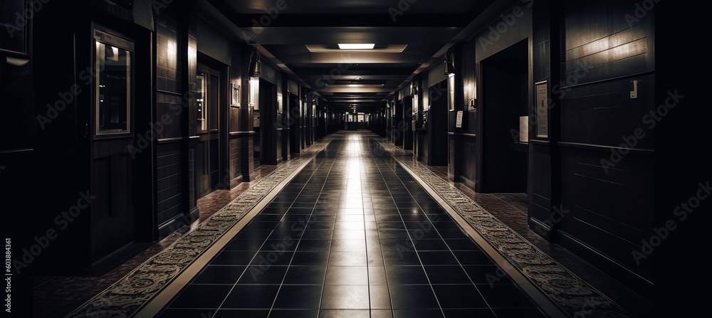 Empty hallway of classic hotel corridor melancholic background. Generative AI technology.
Empty hallway of classic hotel corridor melancholic background. Generative AI technology.
