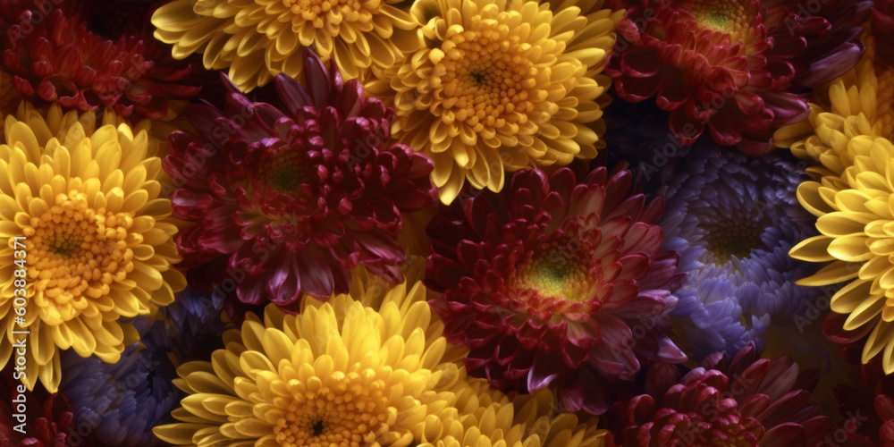 Seamless pattern texture of yellow and burgundy aster flowers. AI Generation Seamless pattern texture of yellow and burgundy aster flowers. AI Generation