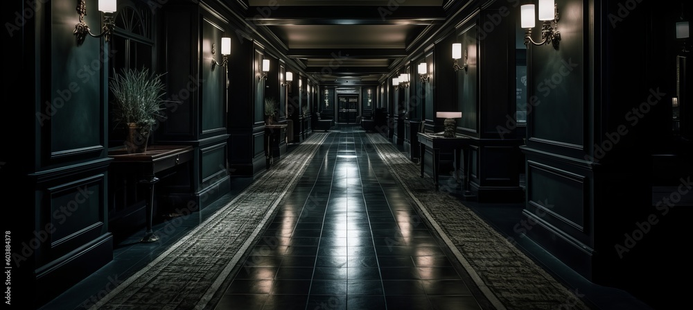 Empty classic hotel corridor hallway melancholic background. Generative AI technology.	
