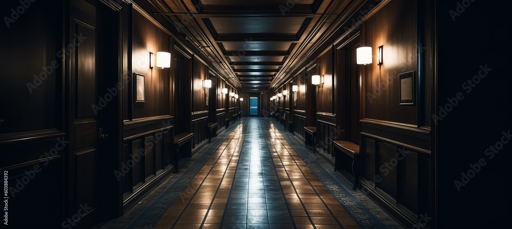 Empty creepy dark hallway of classic hotel corridor melancholic background. Generative AI technology.	
