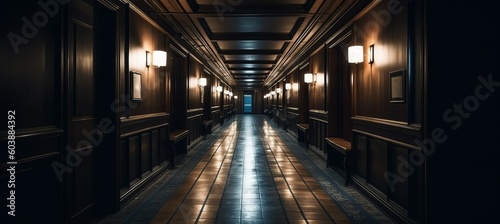 Empty creepy dark hallway of classic hotel corridor melancholic background. Generative AI technology. 
