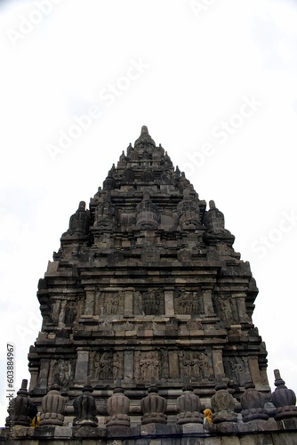 Yogyakarta  Indonesia     January 27  2019   Shrine Of Prambanan Hindu Temple Compound Included In World Heritage List. Monumental Ancient Architecture  Carved Stone Walls. Selected Focus