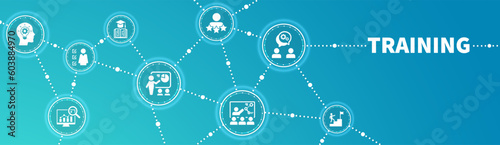 Banner Training concept. set of training icons, presentation, seminar, video conference