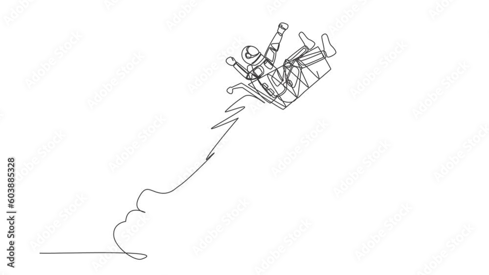 Animated self drawing of continuous line draw astronaut riding shopping trolley rocket flying in moon. Shop necessities for space exploration. Cosmonaut deep space. Full length one line animation Animated self drawing of continuous line draw astronaut riding shopping trolley rocket flying in moon. Shop necessities for space exploration. Cosmonaut deep space. Full length one line animation