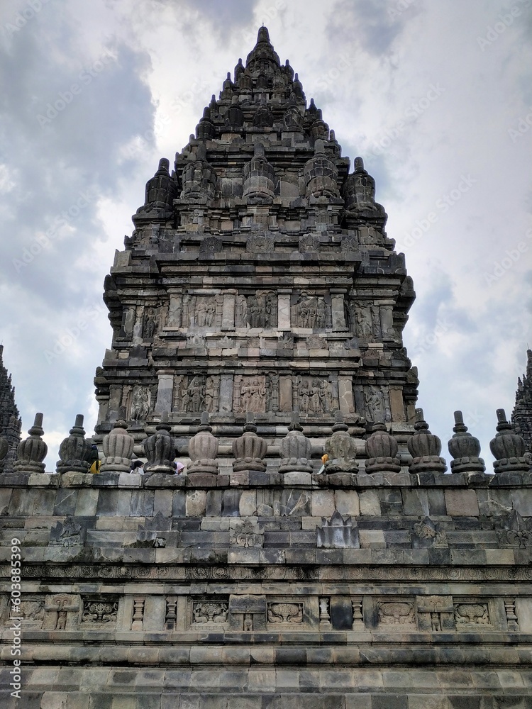 Yogyakarta, Indonesia – January 27, 2019:  Shrine Of Prambanan Hindu Temple Compound Included In World Heritage List. Monumental Ancient Architecture, Carved Stone Walls. Selected Focus