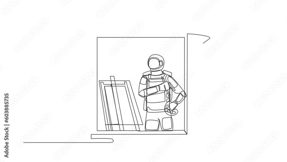 Animated self drawing of continuous line draw astronaut painter drawing near window, holding paint brush palette, sketching on canvas in moon. Cosmonaut outer space. Full length single line animation Animated self drawing of continuous line draw astronaut painter drawing near window, holding paint brush palette, sketching on canvas in moon. Cosmonaut outer space. Full length single line animation