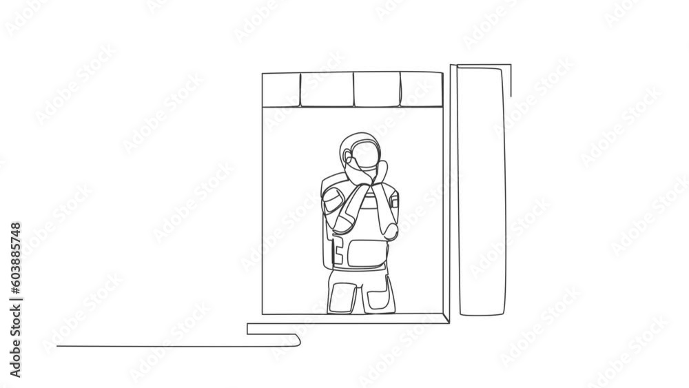 Self drawing animation of single line draw astronaut sadly with support the chin near window. Pandemic impact in space business. Cosmic galaxy space concept. Continuous line draw. Full length animated Self drawing animation of single line draw astronaut sadly with support the chin near window. Pandemic impact in space business. Cosmic galaxy space concept. Continuous line draw. Full length animated