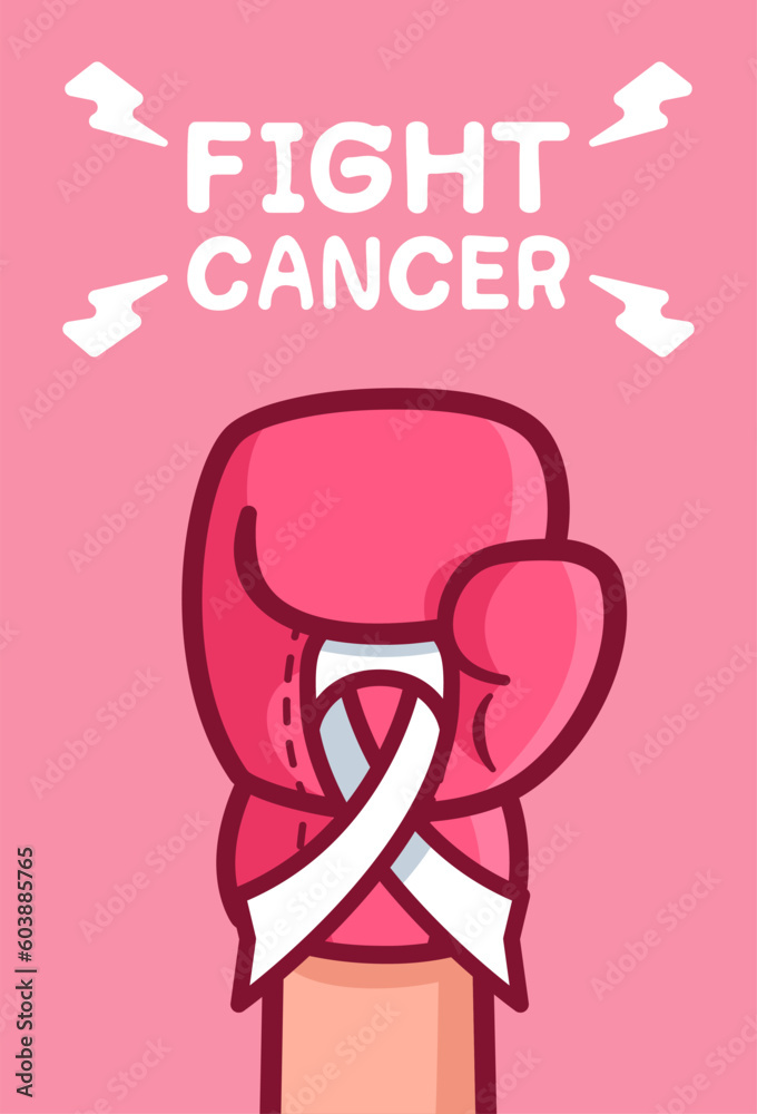 Pink boxing gloves and white ribbon on pink background. Fight Breast cancer concept. Vector illustration clip art flat design for banner and poster.	