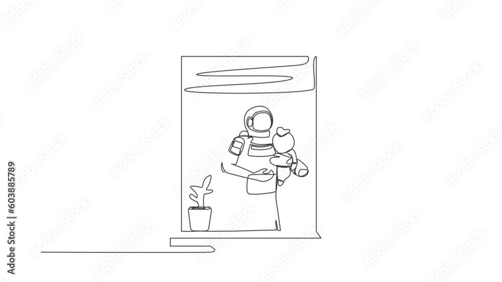 Animated self drawing of continuous line draw astronaut holding newborn baby alien near window in moon surface. Future technology development. Cosmonaut deep space. Full length one line animation Animated self drawing of continuous line draw astronaut holding newborn baby alien near window in moon surface. Future technology development. Cosmonaut deep space. Full length one line animation