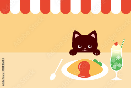 vector illustrations of a cat, ice cream float and rice omelet at Japanese-style retro cafe for banners, cards, flyers, social media wallpapers, etc.